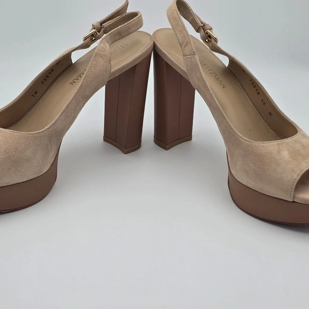 Stuart Weitzman Slingshot Block Heels Women 10 Tan Suede Platform‎ Wedding Guest